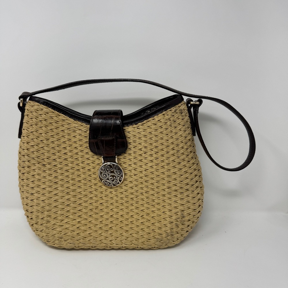 Brighton Womens Straw Shoulder Bag Tan Brown Preowned Woven Flaws
